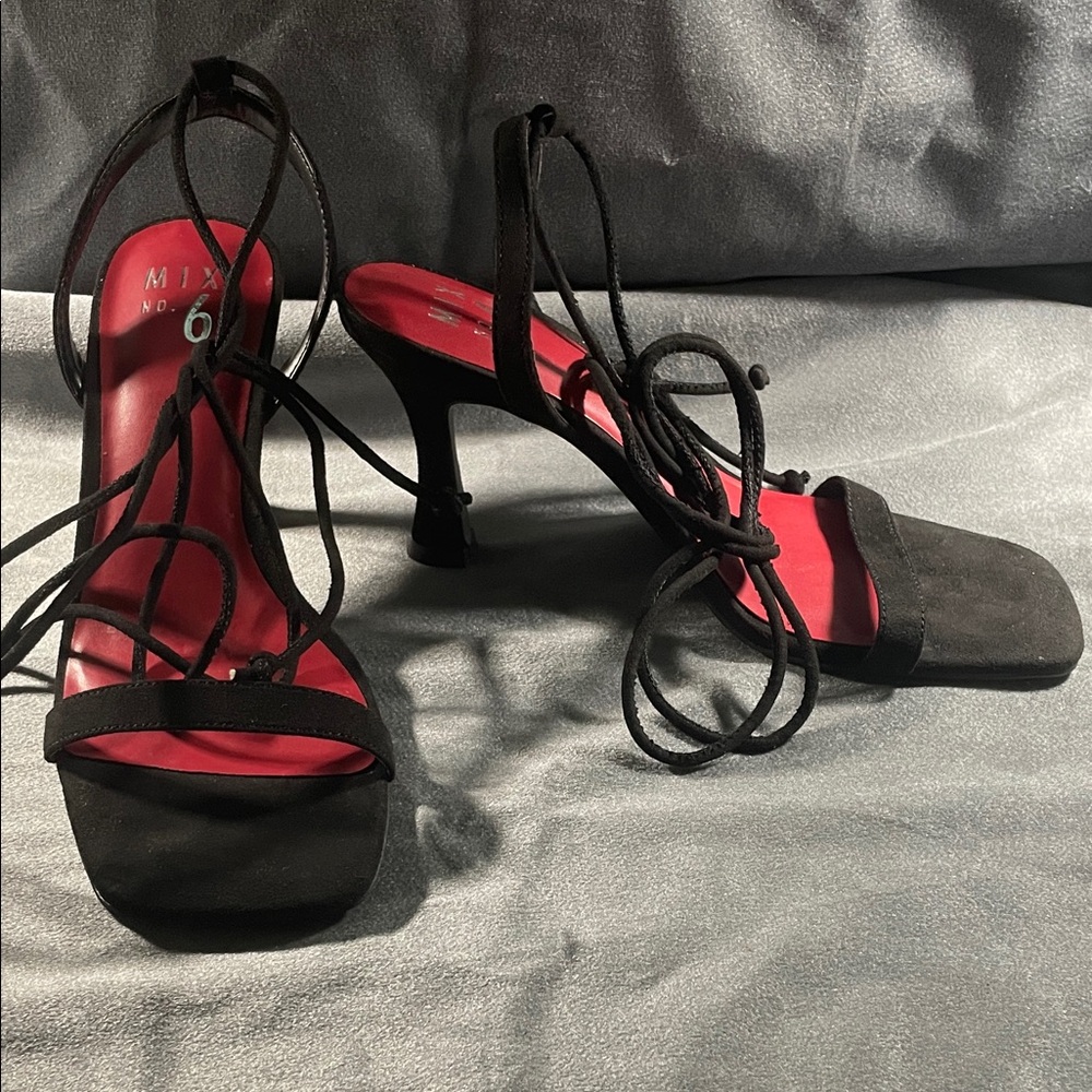 Mix No. 6 Black Strappy Heels with Red Insole
